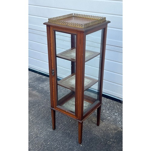 469 - Inlaid mahogany display cabinet on four tapered legs, glazed to all four sides with lockable door, k... 