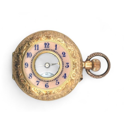 117 - A ladies gold and enamel half hunter fob watch, the cover with pink and blue enamel Arabic numeral c... 