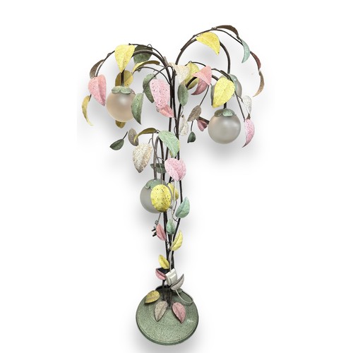 465 - Mid Century Italian Metal Floral Floor Lamp. Three light fittings with glass globe shades, in the ma... 