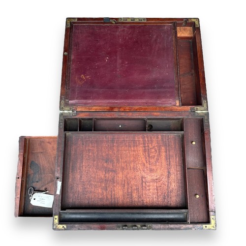 477 - A brass-bound Victorian writing box with original brass bounds and key. Some need refitting to side ... 