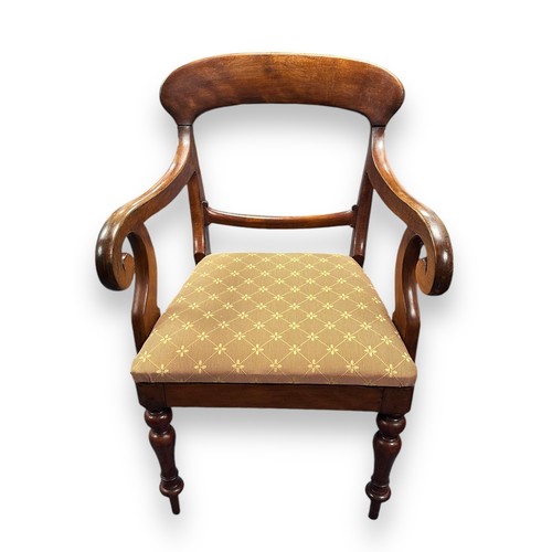 478 - Regency Style Mahogany Scroll Arm Chair. With upholstered cushioned seat, cupped legs with cylindric... 