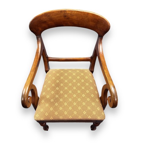 478 - Regency Style Mahogany Scroll Arm Chair. With upholstered cushioned seat, cupped legs with cylindric... 