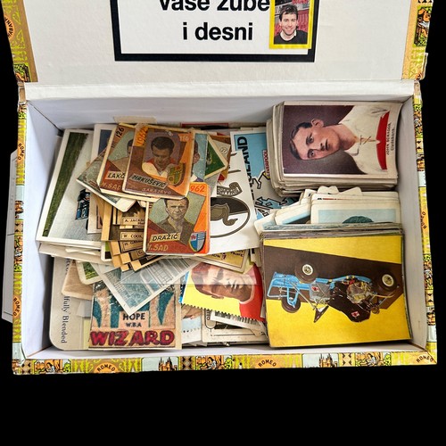 380 - CIGAR BOX TREASURE TROVE of mixed vintage soccer & sports cards, mixed condition. 100's of cards in ... 