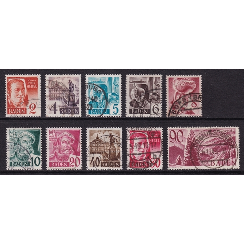 43 - Germany 1948-49 Baden set with `PF` omitted (SG FB28-FB37), Used, Cat Val £225. NOTE minor imperfect... 