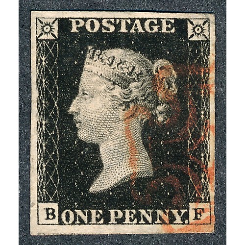 86 - Great Britain 1840 1d black FU four margins with red MC cancellation, lettered BF. (SG 1)