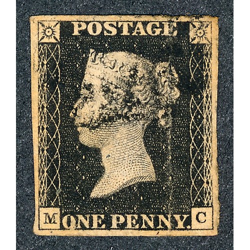 87 - Great Britain 1840 1d black FU four margins with black cancellation, lettered MC. Horizontal crease ... 