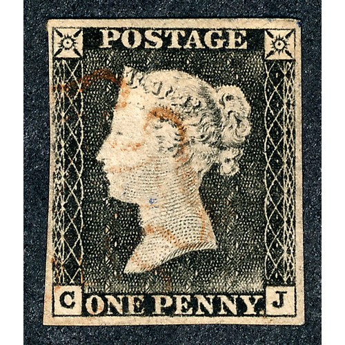 88 - Great Britain 1840 1d black FU four margins with red MC cancellation, lettered CJ. (SG 1)