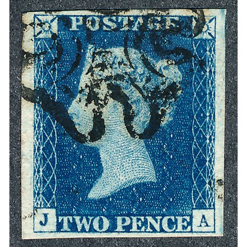 91 - Great Britain 1840 2d blue FU four margins with black MC cancellation, lettered JA.