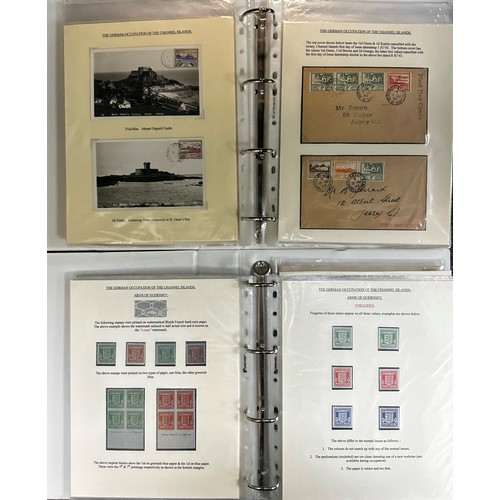 23 - Channel Islands, Specialised Wartime collection, in two white volumes, stamps and covers. Well writt... 