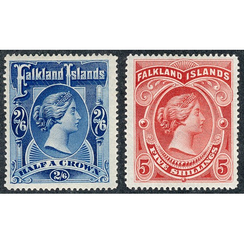 27 - Falklands Islands, QV 2/6 & 5/- Mint. (SG 41-42),  Cat £525.