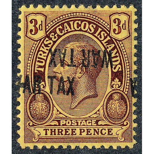 75A - Turks & Caicos, 1917 3d purple / yellow ovpt double, one inverted, M. (SG 144b), Cat. £350.