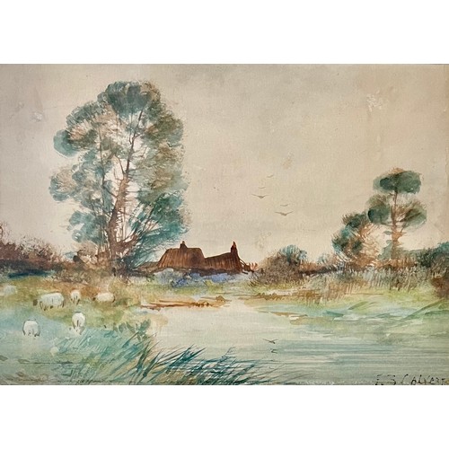 415 - Edwin Sherwood Calvert (Scottish, 1844-1898), landscape with sheep watercolour on paper. Signed E S ... 