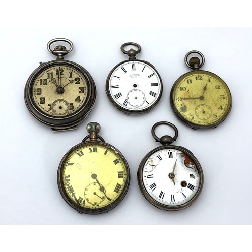 85 - Five silver pocket watches. All in fair to poor condition and untested. Largest case diameter 50mm, ... 