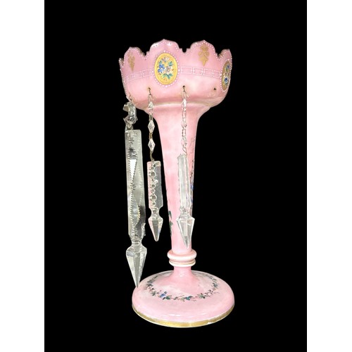 345 - Victorian hand painted pink glad lustre, with hanging crystals. Hand painted with floral and gilt de... 