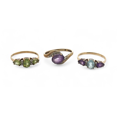 53 - Three 9ct gold and gem set rings. A peridot and diamond ring size U,  an amethyst and diamond ring s... 