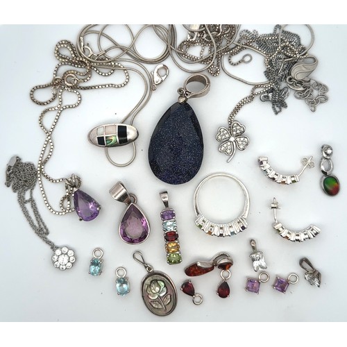 36 - A good collection of silver jewellery, including a multi-gem ring, pendant and earrings set, a blue ... 