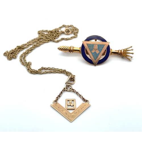 21 - Two Masonic jewellery items. Includes an enamel brooch, marked H.G.B and stamped 9ct. And a hallmark... 