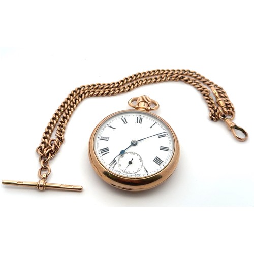 87 - 9ct gold pocket watch with Albert chain. Watch with white enamel dial with sub seconds dial and blue... 