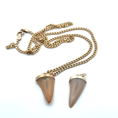 13 - Two shark teeth pendants set in yellow metal, one with 20