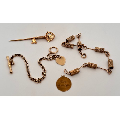 63 - Four 9ct gold jewellery items. To include a bracelet with bark effect cylinders, hallmarkes to cylin... 