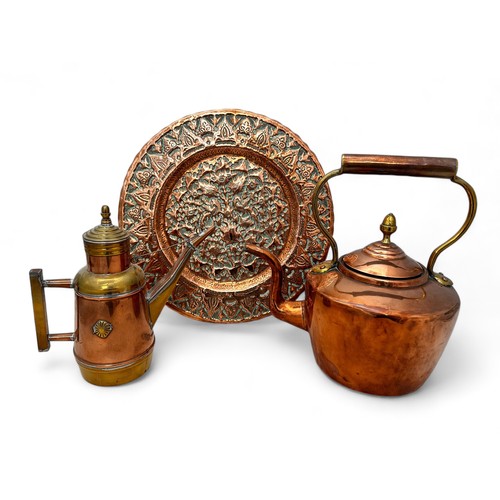 331 - Three copper items: a Victorian copper kettle, a copper and brass olive oil dispenser, and a copper ... 