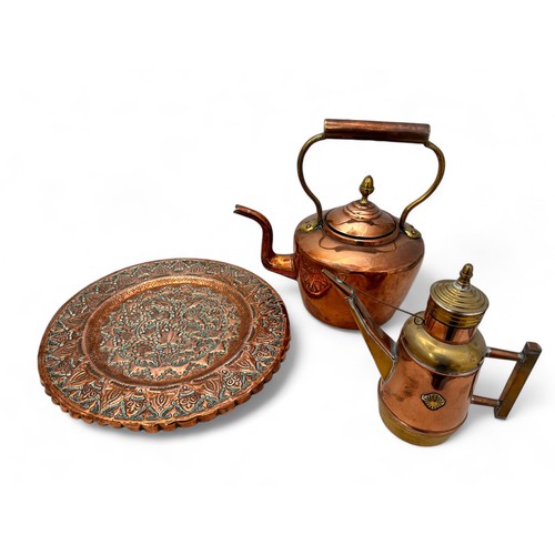 331 - Three copper items: a Victorian copper kettle, a copper and brass olive oil dispenser, and a copper ... 