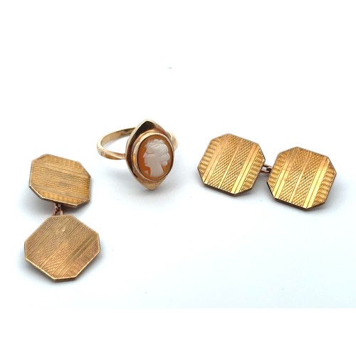 34 - A pair of 9ct gold octagonal cufflinks with engine turned design and a 9ct gold shell cameo ring siz... 