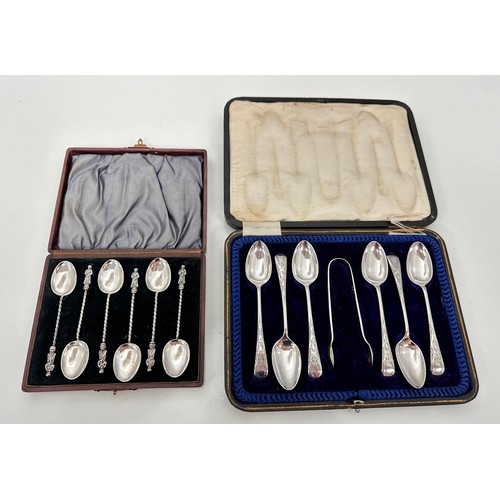 127 - Two cased sets of silver spoons. A set of six teaspoons with engraved termimnals and matching sugar ... 