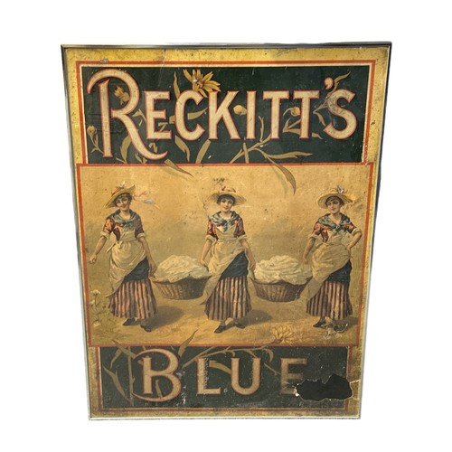 258 - Early 20th Century Reckitt's Blue Framed Card Poster featuring three ladies carrying two baskets of ... 