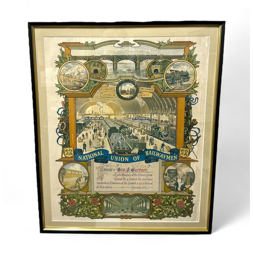 236 - Pictorial National Union Of Railwaymen Presentation Poster presented to Brother J Gardner. By member... 