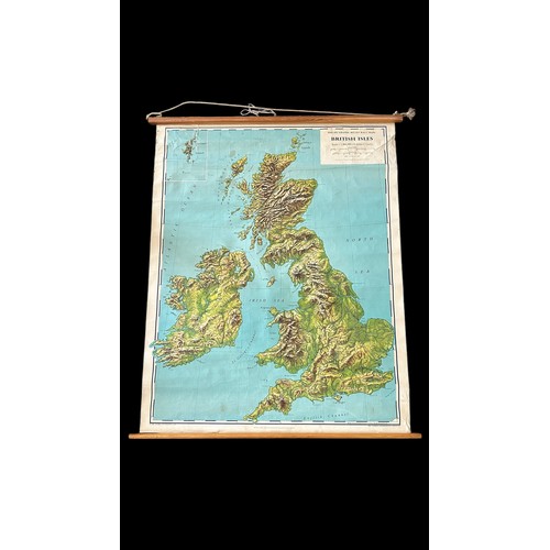 240 - Philips Graphic Relief Wall map Of British Isles C1950 Measures 1100 x 860. Tear in linen to top lef... 