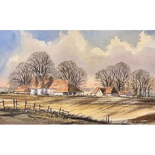 410 - Competent unsigned watercolour landscape of a farmhouse with walking farmer. Framed and glazed. 33cm... 