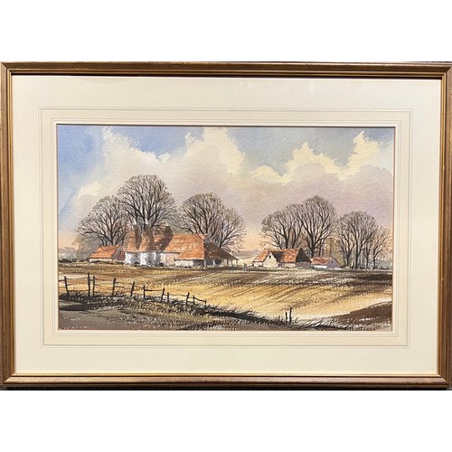 410 - Competent unsigned watercolour landscape of a farmhouse with walking farmer. Framed and glazed. 33cm... 