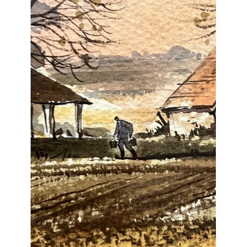 410 - Competent unsigned watercolour landscape of a farmhouse with walking farmer. Framed and glazed. 33cm... 