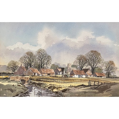 411 - Competent unsigned watercolour landscape of a riverside farm with farmer, horse and cart. Framed and... 