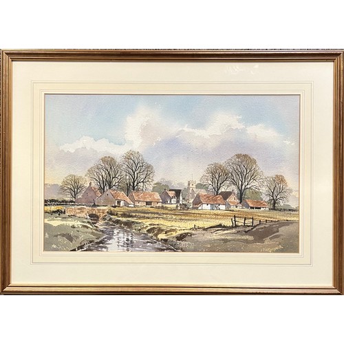 411 - Competent unsigned watercolour landscape of a riverside farm with farmer, horse and cart. Framed and... 