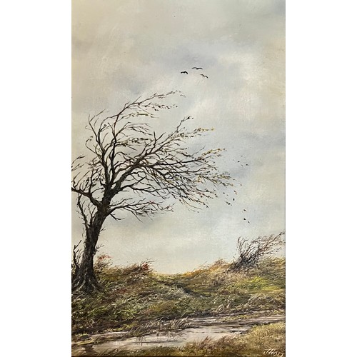 436 - J Holt (British, 20th Century), ‘Wind’ oil on board landscape. Framed, signed to lower right. 27cm x... 