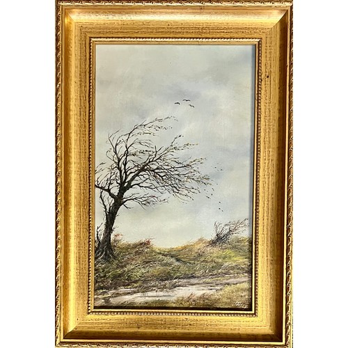 436 - J Holt (British, 20th Century), ‘Wind’ oil on board landscape. Framed, signed to lower right. 27cm x... 