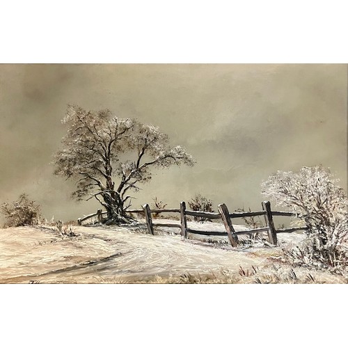 437 - J Holt (British, 20th Century), ‘Winter’ oil on board landscape. Framed, signed to lower left. 22cm ... 