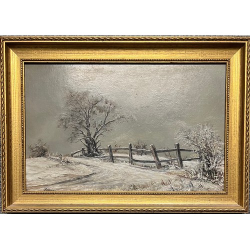 437 - J Holt (British, 20th Century), ‘Winter’ oil on board landscape. Framed, signed to lower left. 22cm ... 