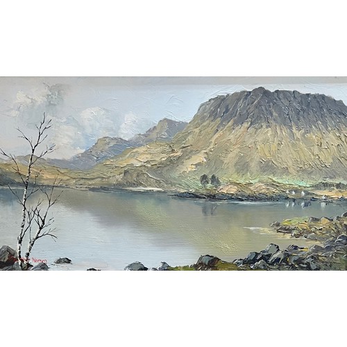 441 - Charles Wyatt Warren (Welsh 1908-1993), mountainous lakeside landscape oil on board. Framed, signed ... 