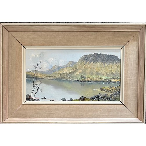 441 - Charles Wyatt Warren (Welsh 1908-1993), mountainous lakeside landscape oil on board. Framed, signed ... 