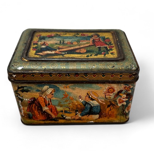 223 - Charming Dunmore & Son Biscuit Tin depicting the four seasons with children at play. Delightful.