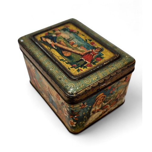 223 - Charming Dunmore & Son Biscuit Tin depicting the four seasons with children at play. Delightful.