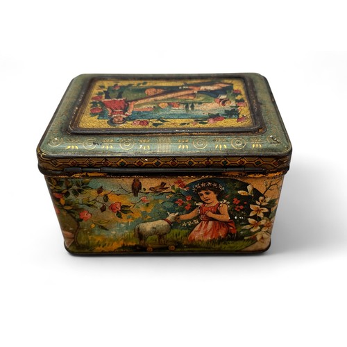 223 - Charming Dunmore & Son Biscuit Tin depicting the four seasons with children at play. Delightful.