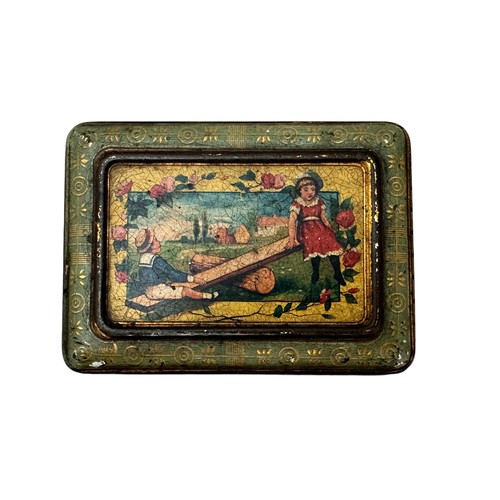 223 - Charming Dunmore & Son Biscuit Tin depicting the four seasons with children at play. Delightful.