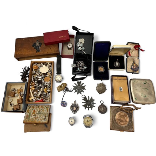 67 - Assortment of costume jewellery, Wedgwood pendant, silver medals, compacts,  a Timex watch with a Ti... 