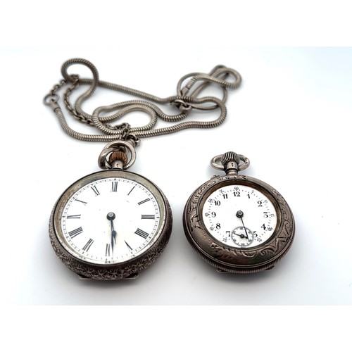 89 - Two Swiss 935 silver ladies pocket/ fob watches. A 36mm diameter  pocket watch on a Chaincraft chain... 