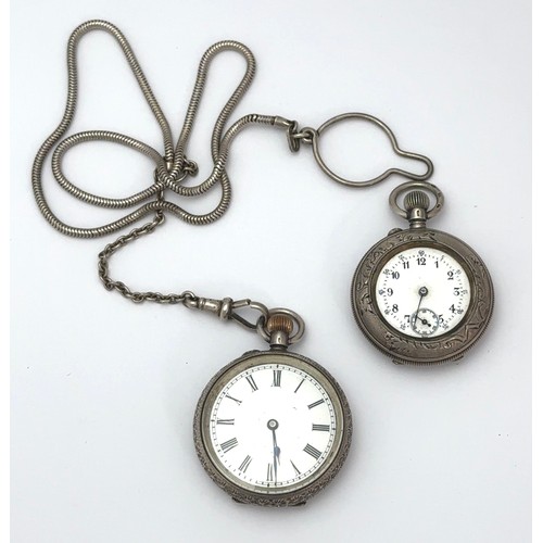 89 - Two Swiss 935 silver ladies pocket/ fob watches. A 36mm diameter  pocket watch on a Chaincraft chain... 