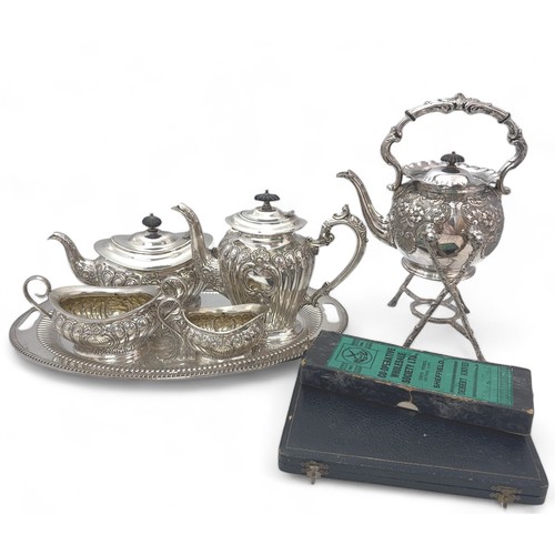 135 - A collection of silver plated items including a four piece tea service by J&C Co Ltd, a tea kettle w... 